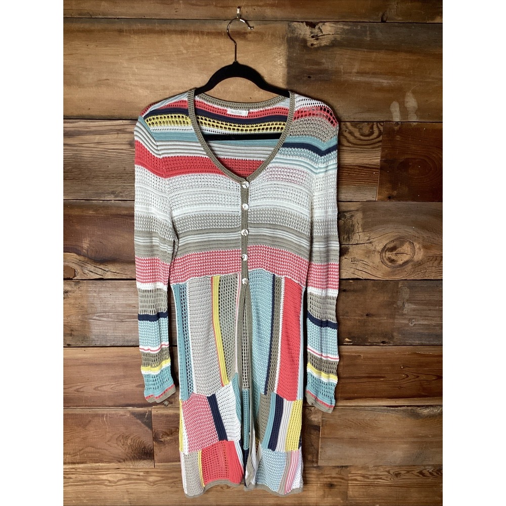 Nic & Zoe Looseknit Colorful Patchwork Cardigan Long Sleeve Swim Cover Med